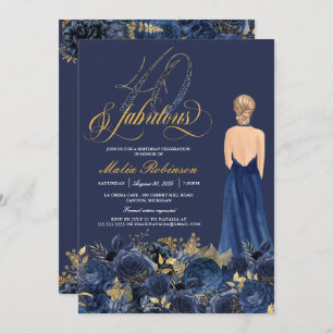 Invitación Cuarenta y fabuloso Sapphire Blue & Gold Cumpleaño