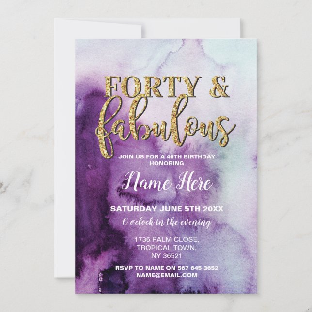 Invitación Cuarenta y la púrpura fabulosa 40.os de la fiesta (Anverso)