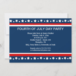 Invitación CUARTO 4 de julio Fiesta Personalizado 5x7 invitac