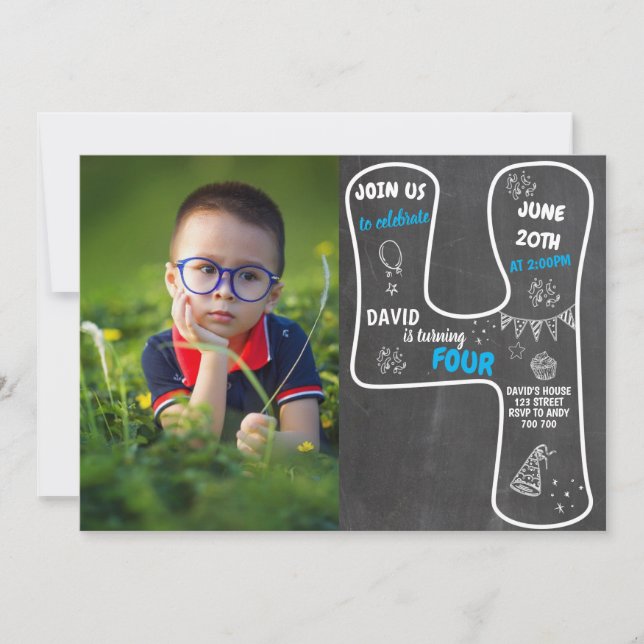 Invitación Cuarto cartón de cumpleaños con número azul de fot (Anverso)