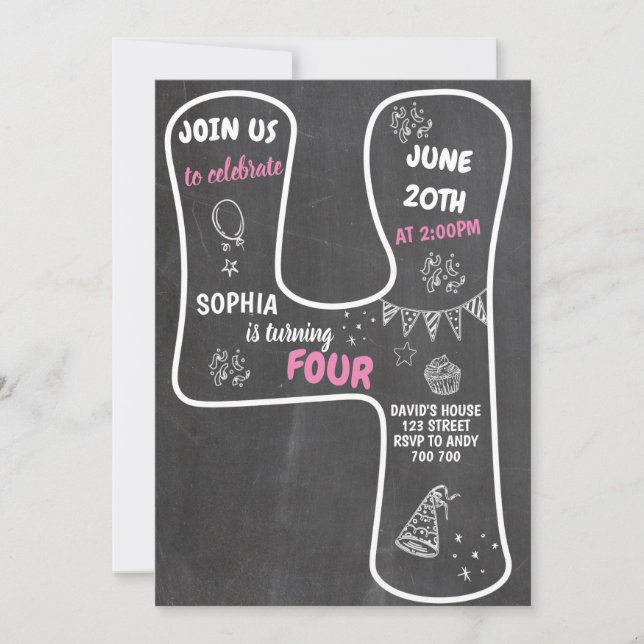 Invitación Cuarto Chica de cumpleaños número rosa Chalkboard (Anverso)