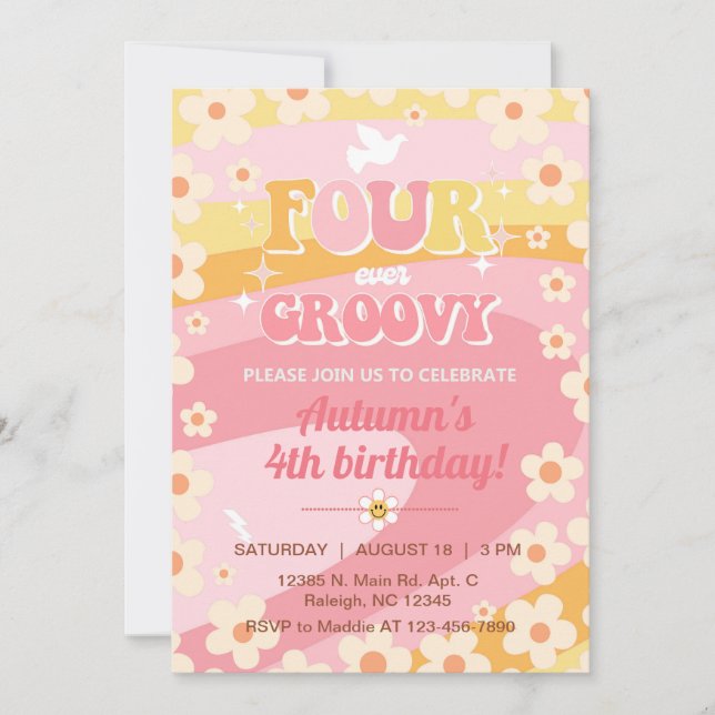 Invitación Cuarto chica Groovy de cuatro años, retro. (Anverso)