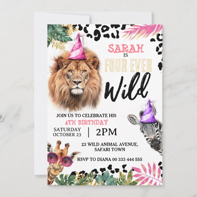 Invitación Cuarto cumpleaños de cuatro animales salvajes de S (Anverso)