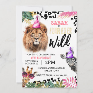 Invitación Cuarto cumpleaños de cuatro animales salvajes de S