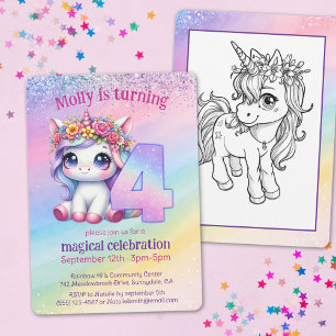 Invitación Cuarto cumpleaños de Unicornio mágico arcoiris
