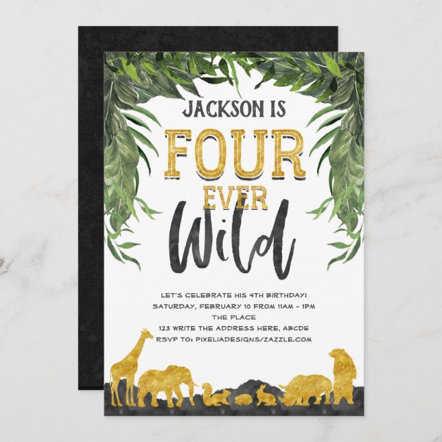 Invitación Cuarto cumpleaños, Fourever wild, Jungle, safari a (Anverso / Reverso)