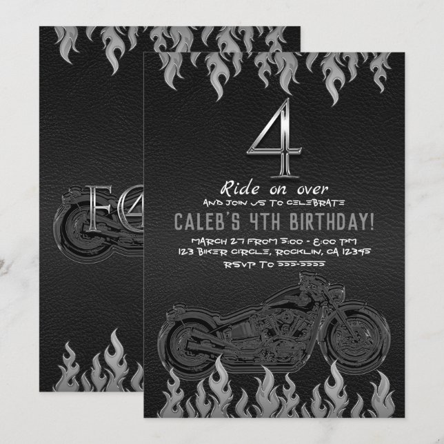 Invitación Cuarto Cumpleaños Moto de Cuero Negro Plata (Anverso / Reverso)