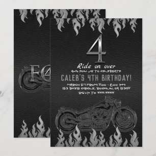 Invitación Cuarto Cumpleaños Moto de Cuero Negro Plata