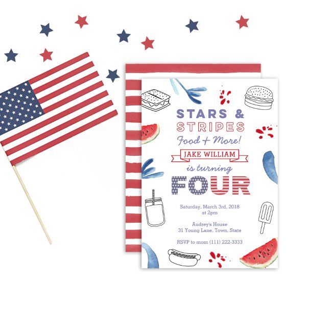 Invitación Cuarto cumpleaños rojo blanco y azul para niño o C (Subido por el creador)