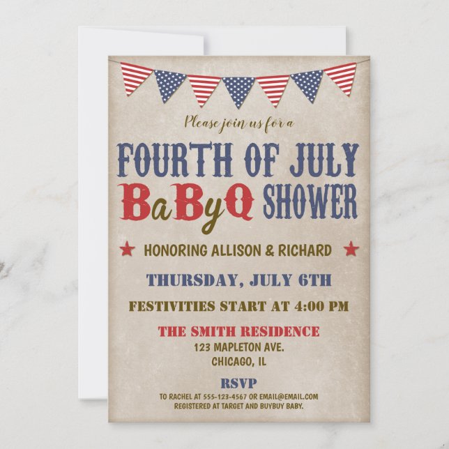 Invitación Cuarto de julio de baby ducha rojo blanco azul rús (Anverso)