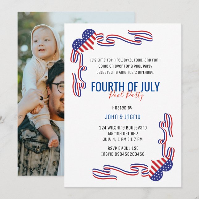 Invitación Cuarto de julio Piscina Fiesta Rojo, Azul y Blanco (Anverso / Reverso)