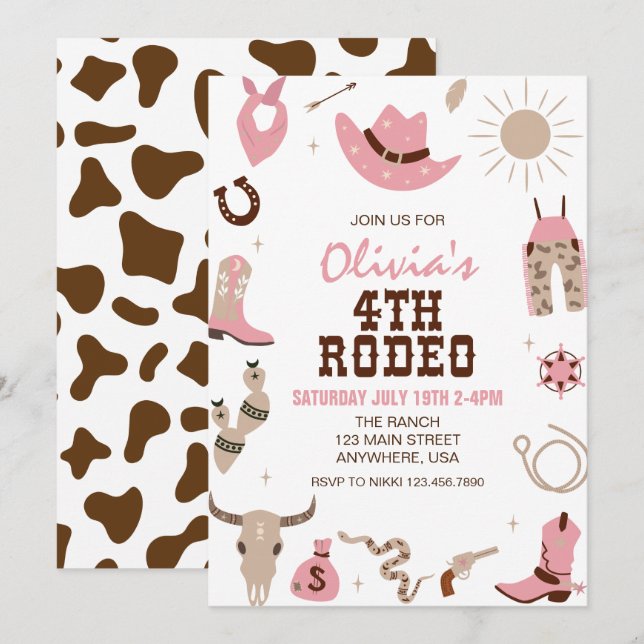 Invitación Cuarto Rodeo Cumpleaños Temático Western Pink 4 (Anverso / Reverso)