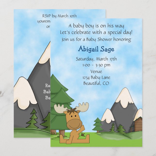 Invitación Cuate Baby Boy Mountain Moose Baby Shower (Anverso / Reverso)
