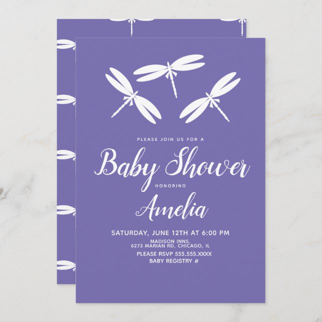 Invitación Cuate Dragonflies Purple White Baby Shower (Anverso / Reverso)