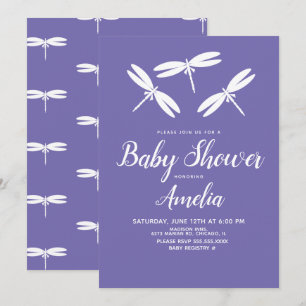 Invitación Cuate Dragonflies Purple White Baby Shower