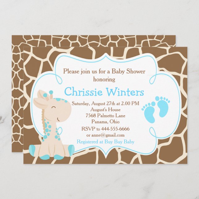 Invitación Cuate Giraffe Boy Blue Baby Shower (Anverso / Reverso)