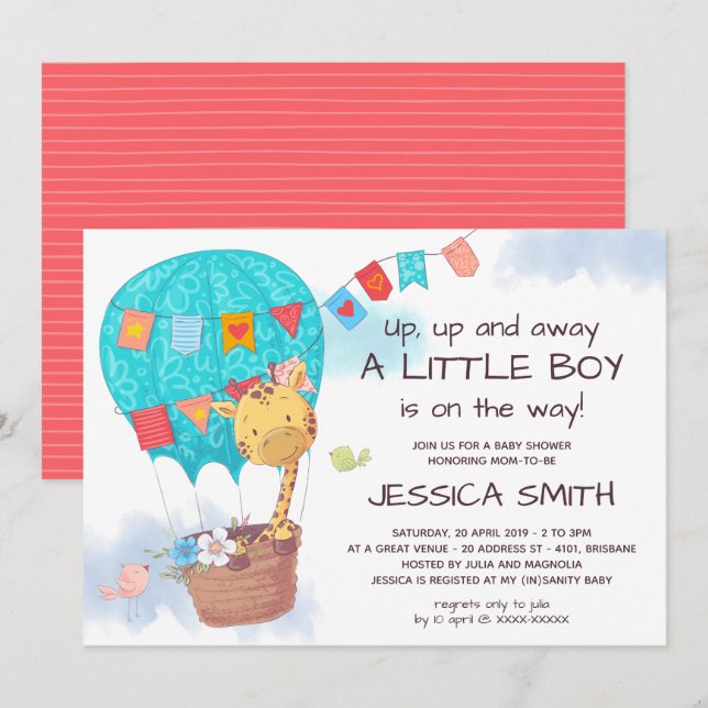 Invitación Cuate Giraffe Hot Air Balloon Baby Shower (Anverso / Reverso)