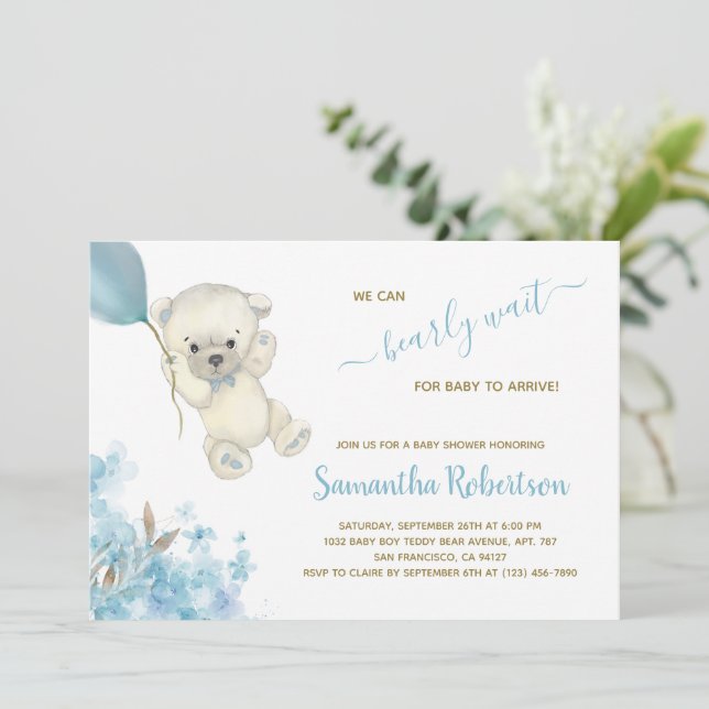 Invitación Cuate Polar Oso Blue Balloon Boy Baby Shower (Anverso de pie)