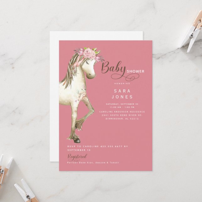Invitación Cuate Pony Watercolor Pink Baby Shower (Anverso/Reverso In Situ)