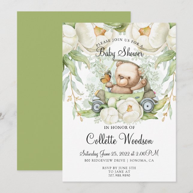 Invitación Cuate Teddy Bear Watercolor Green Baby Shower (Anverso / Reverso)