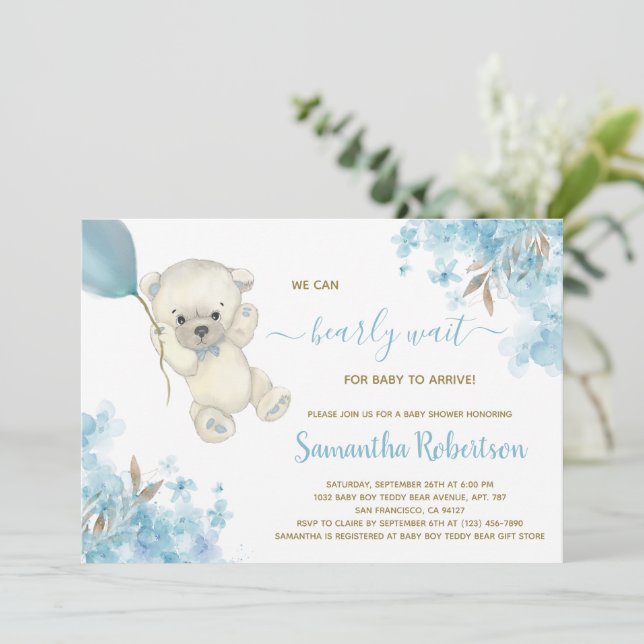 Invitación Cuato oso Teddy Blue Balloon Boy Baby Shower (Anverso de pie)