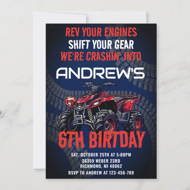 Invitación Cuatrimoto Personal para Cumpleaños de Chicos ATV  (Anverso)