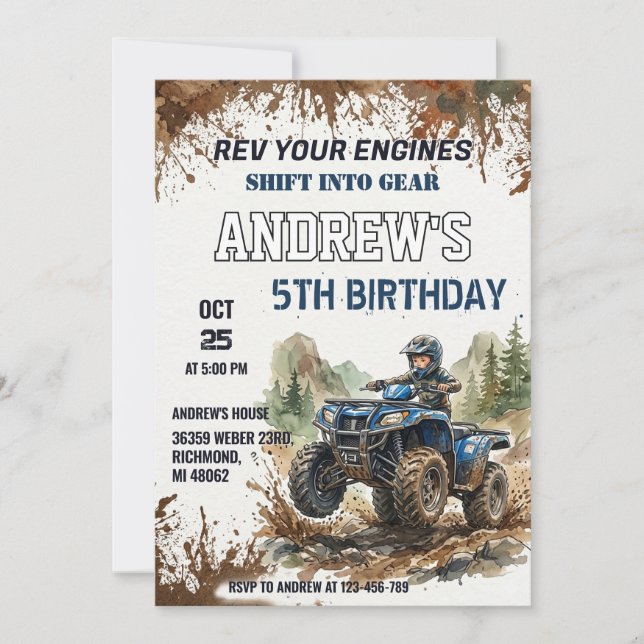 Invitación Cuatrimoto personal para el cumpleañero Fiesta (Anverso)