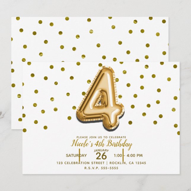 Invitación Cuatro 4 Globo de Oro y Confeti Fiesta de Cumpleañ (Anverso / Reverso)