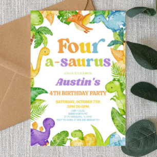 Invitación Cuatro A-Saurus Dinosaur 4ª Fiesta de Cumpleaños