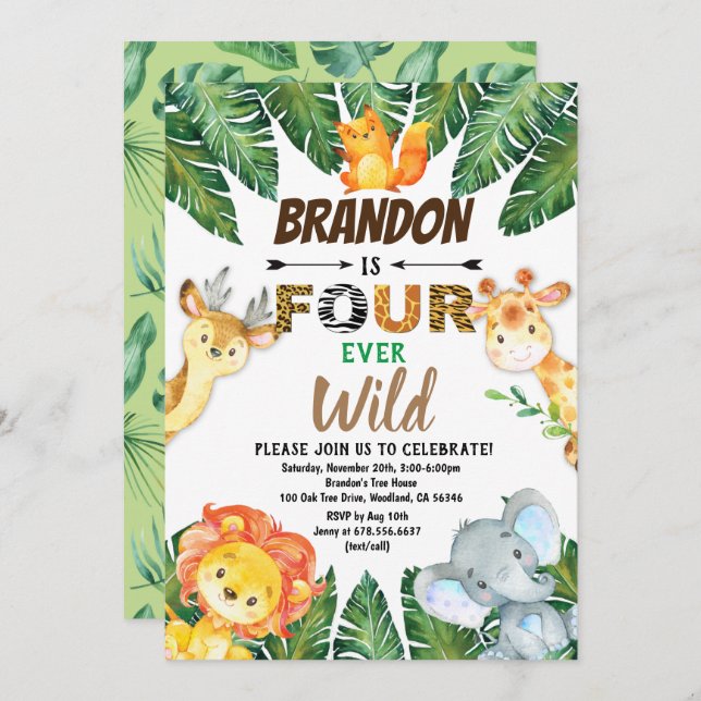Invitación Cuatro animales de la jungla de Safari salvajes (Anverso / Reverso)