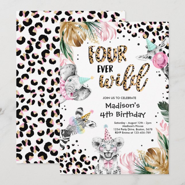 Invitación Cuatro animales de Safari leopardo salvajes de la  (Anverso / Reverso)