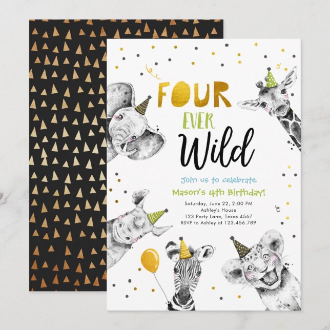 Invitación Cuatro animales Fiestas salvajes Safari Boy Cumple (Anverso / Reverso)