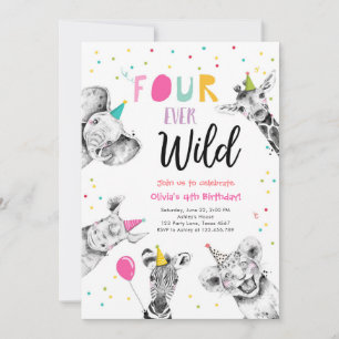 Invitación Cuatro animales Fiestas salvajes, Safari Chica Cum