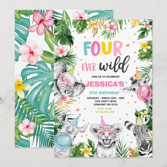 Invitación Cuatro animales salvajes de la fiesta de cumpleaño (Anverso / Reverso)