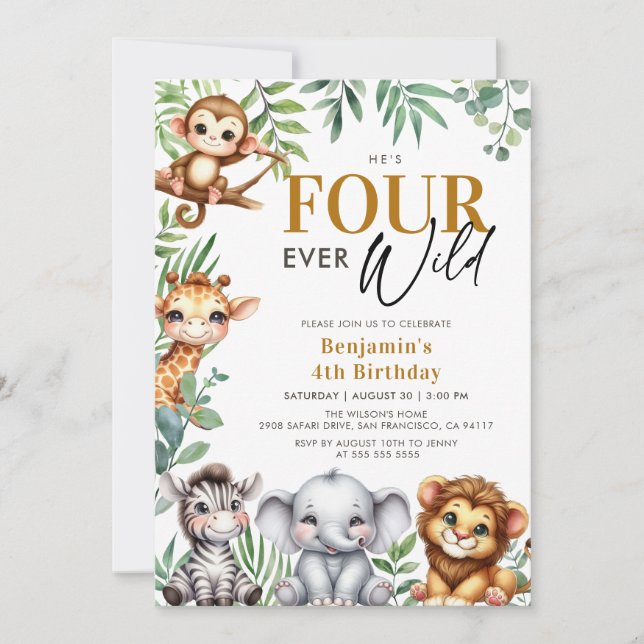 Invitación Cuatro animales salvajes de la jungla de Safari pa (Anverso)