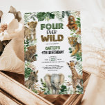 Invitación Cuatro animales salvajes de la jungla para el niño<br><div class="desc">¿Buscando la invitación perfecta para celebrar el cuarto cumpleaños de tu pequeña? ¡No busque más lejos de nuestra invitación a la fiesta "Four Ever Wild"! Con sus adorables animales de safari y sus exuberantes hojas tropicales, esta invitación le dará la bienvenida a una celebración salvaje y divertida. Con el texto...</div>