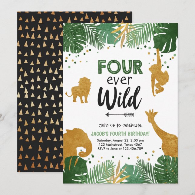Invitación Cuatro animales salvajes de Safari cumpleaños (Anverso / Reverso)