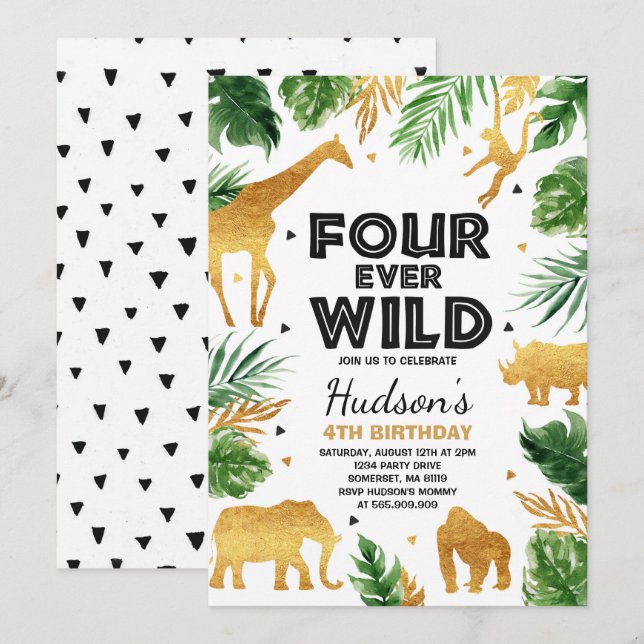 Invitación Cuatro animales salvajes de Safari Fiesta de cumpl (Anverso / Reverso)