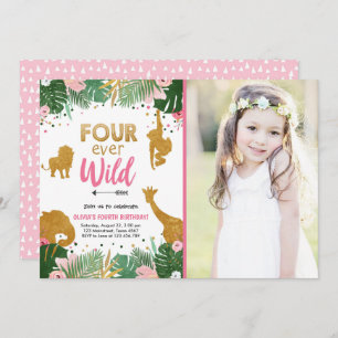 Invitación Cuatro animales salvajes Safari Chicas cumpleaños