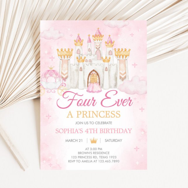 Invitación Cuatro años de fiesta de cumpleaños de la princesa (Four Ever a Princess Birthday Party Invitation)