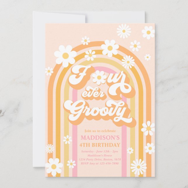 Invitación Cuatro años de Groovy Boho Daisy Rainbow (Anverso)