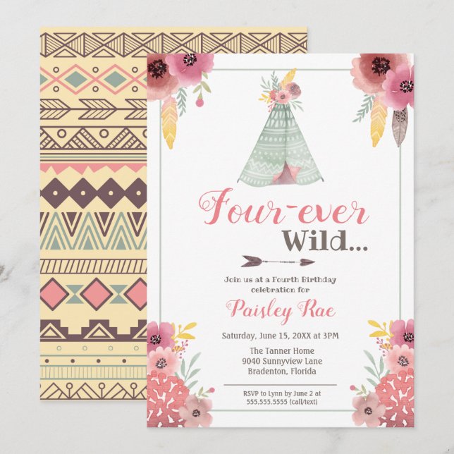 Invitación Cuatro años de los salvajes Chicas de Boho (Anverso / Reverso)