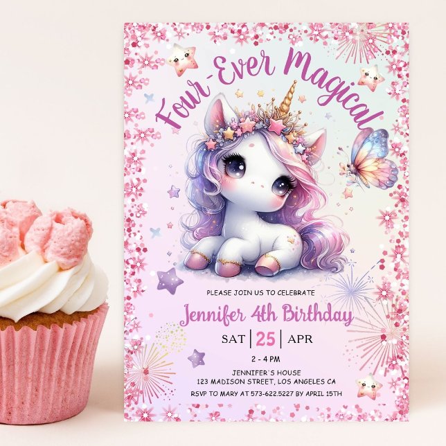 Invitación Cuatro años mágicos de unicornio morado rosado (Subido por el creador)