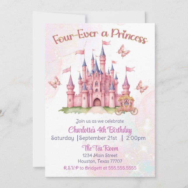 Invitación Cuatro años, una princesa, cuarto cumpleaños (Anverso)