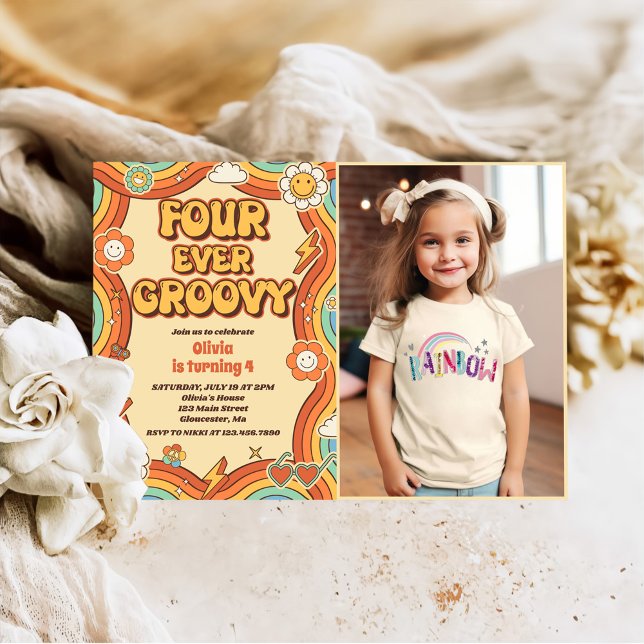 Invitación Cuatro arcoiris retro de siempre Groovy foto de cu (Subido por el creador)