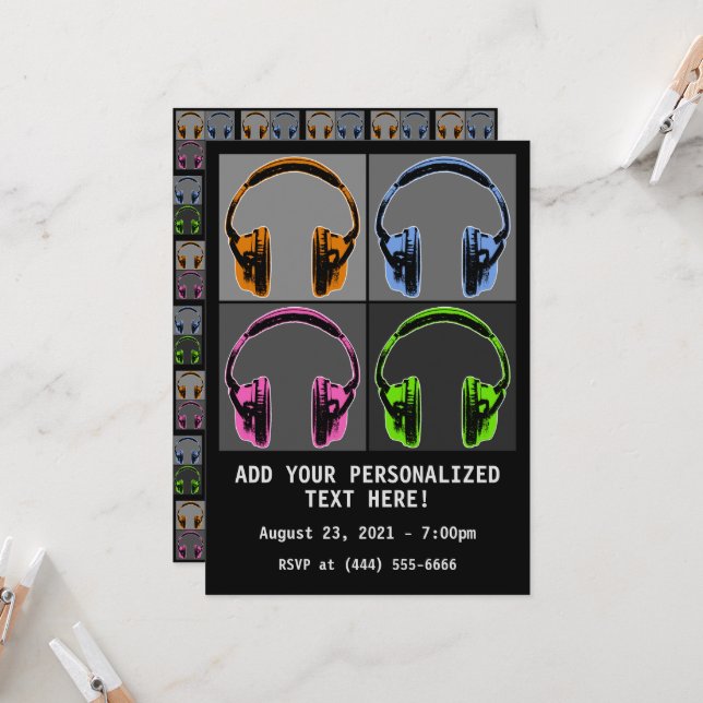 Invitación Cuatro auriculares Pop Art (Anverso/Reverso In Situ)