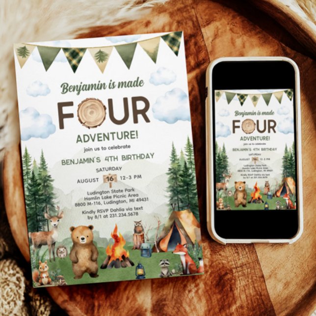 Invitación Cuatro Aventuras Camping 4º Cumpleaños (Made Four Adventure Camping 4th Birthday Invitation)