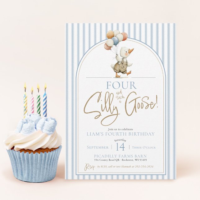 Invitación CUATRO CABALLEROS Pinstripe Boy 4 cumpleaños (FOUR Silly Goose cute modern arch whimsical ticking pinstripe boy 4th birthday party invitation)