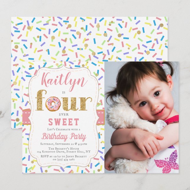 Invitación Cuatro Chicas de Donut Dulces de la Historia Invit (Anverso / Reverso)