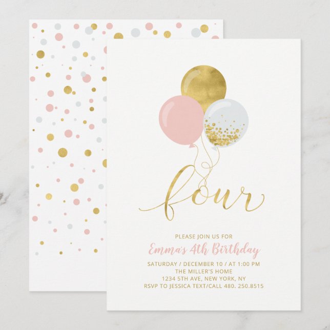 Invitación Cuatro Chicas de globos rosados y dorados cuarto F (Anverso / Reverso)